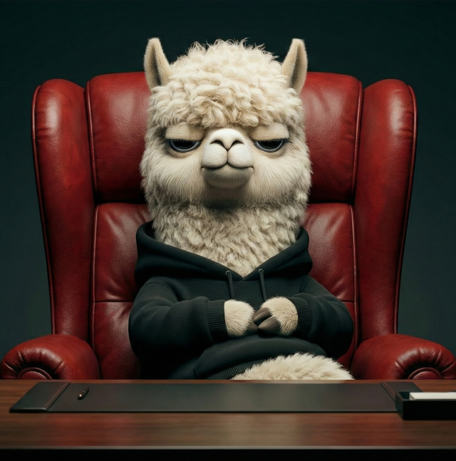 KOLMA sitting in a red leather chair at a desk